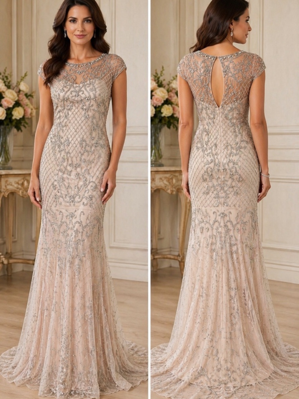 Aidan Mattox cap sleeves fully beaded and pearls long gown with tales